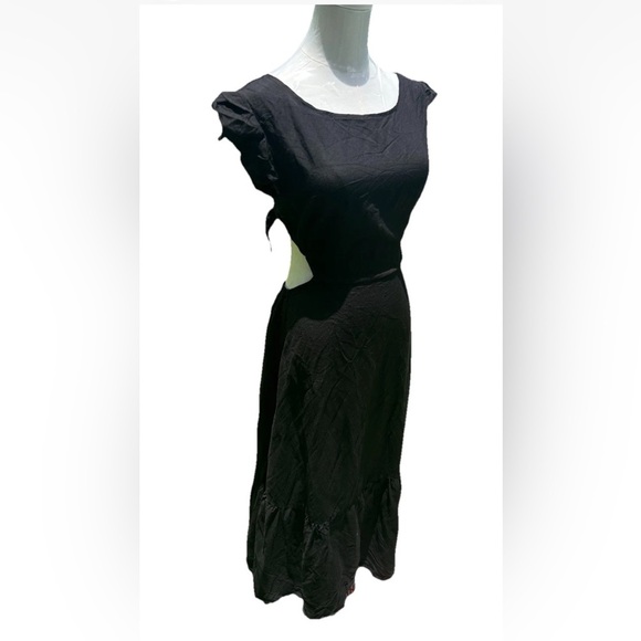 Jason Wu Open Back Linen Blend Tiered Hem Midi Sundress Black Flutter Sleeve M - Picture 5 of 11